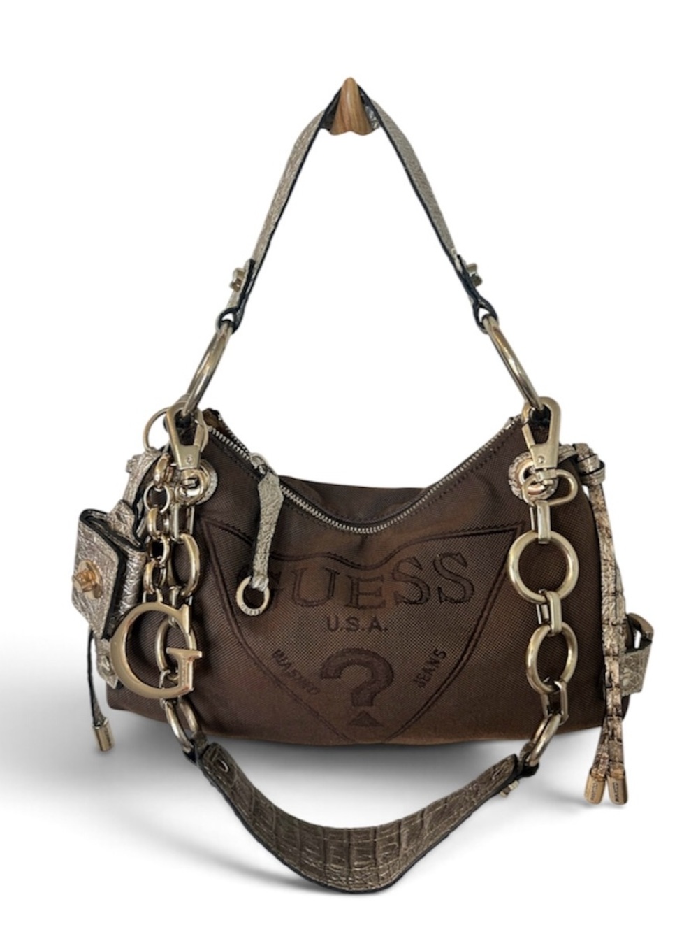 Guess Brown Canvas Hobo Bag Croc Embossed Vintage Y2K Big G Charm Rare